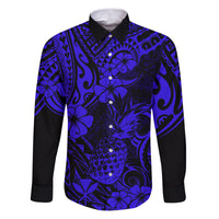 Hawaii Pineapple Family Matching Puletasi Dress and Hawaiian Shirt Paradise Flowers Pacific With Navy Blue Polynesian Tribal - Wonder Print Shop