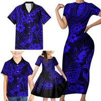 Hawaii Pineapple Family Matching Short Sleeve Bodycon Dress and Hawaiian Shirt Paradise Flowers Pacific With Navy Blue Polynesian Tribal - Wonder Print Shop