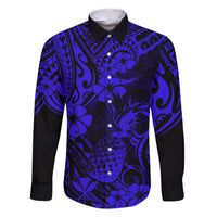 Hawaii Pineapple Family Matching Short Sleeve Bodycon Dress and Hawaiian Shirt Paradise Flowers Pacific With Navy Blue Polynesian Tribal - Wonder Print Shop