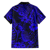 Hawaii Pineapple Family Matching Summer Maxi Dress and Hawaiian Shirt Paradise Flowers Pacific With Navy Blue Polynesian Tribal - Wonder Print Shop