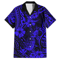 Hawaii Pineapple Hawaiian Shirt Paradise Flowers Pacific With Navy Blue Polynesian Tribal - Wonder Print Shop