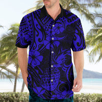Dark navy short-sleeve Hawaiian shirt with blue pineapple and floral, open collar and buttons