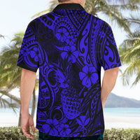 Dark navy short-sleeve Hawaiian shirt with blue pineapple and floral, back view