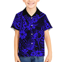 Hawaii Pineapple Kid Hawaiian Shirt Paradise Flowers Pacific With Navy Blue Polynesian Tribal - Wonder Print Shop
