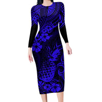 Hawaii Pineapple Long Sleeve Bodycon Dress Paradise Flowers Pacific With Navy Blue Polynesian Tribal - Wonder Print Shop