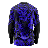 Hawaii Pineapple Long Sleeve Shirt Paradise Flowers Pacific With Navy Blue Polynesian Tribal - Wonder Print Shop