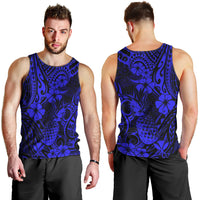 Hawaii Pineapple Men Tank Top Paradise Flowers Pacific With Navy Blue Polynesian Tribal - Wonder Print Shop