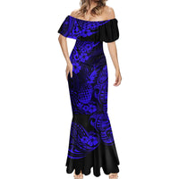 Hawaii Pineapple Mermaid Dress Paradise Flowers Pacific With Navy Blue Polynesian Tribal - Wonder Print Shop