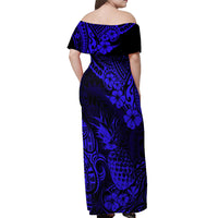 Hawaii Pineapple Off Shoulder Maxi Dress Paradise Flowers Pacific With Navy Blue Polynesian Tribal - Wonder Print Shop