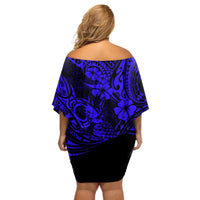 Hawaii Pineapple Off Shoulder Short Dress Paradise Flowers Pacific With Navy Blue Polynesian Tribal - Wonder Print Shop
