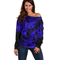 Hawaii Pineapple Off Shoulder Sweater Paradise Flowers Pacific With Navy Blue Polynesian Tribal - Wonder Print Shop