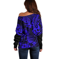 Hawaii Pineapple Off Shoulder Sweater Paradise Flowers Pacific With Navy Blue Polynesian Tribal - Wonder Print Shop