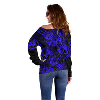 Hawaii Pineapple Off Shoulder Sweater Paradise Flowers Pacific With Navy Blue Polynesian Tribal - Wonder Print Shop