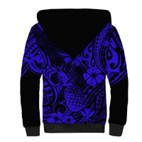 Hawaii Pineapple Sherpa Hoodie Paradise Flowers Pacific With Navy Blue Polynesian Tribal - Wonder Print Shop