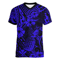 Hawaii Pineapple Women V Neck T Shirt Paradise Flowers Pacific With Navy Blue Polynesian Tribal - Wonder Print Shop