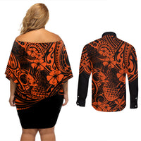 Hawaii Pineapple Couples Matching Off Shoulder Short Dress and Long Sleeve Button Shirts Paradise Flowers Pacific With Orange Polynesian Tribal - Wonder Print Shop