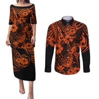 Hawaii Pineapple Couples Matching Puletasi Dress and Long Sleeve Button Shirts Paradise Flowers Pacific With Orange Polynesian Tribal - Wonder Print Shop