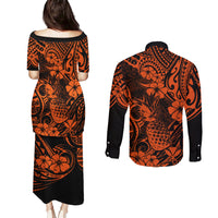 Hawaii Pineapple Couples Matching Puletasi Dress and Long Sleeve Button Shirts Paradise Flowers Pacific With Orange Polynesian Tribal - Wonder Print Shop