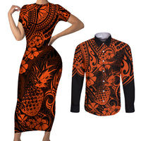 Hawaii Pineapple Couples Matching Short Sleeve Bodycon Dress and Long Sleeve Button Shirts Paradise Flowers Pacific With Orange Polynesian Tribal - Wonder Print Shop