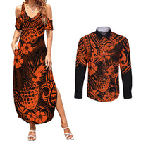 Hawaii Pineapple Couples Matching Summer Maxi Dress and Long Sleeve Button Shirts Paradise Flowers Pacific With Orange Polynesian Tribal - Wonder Print Shop