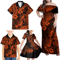 Hawaii Pineapple Family Matching Off Shoulder Maxi Dress and Hawaiian Shirt Paradise Flowers Pacific With Orange Polynesian Tribal - Wonder Print Shop
