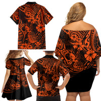 Hawaii Pineapple Family Matching Off Shoulder Short Dress and Hawaiian Shirt Paradise Flowers Pacific With Orange Polynesian Tribal - Wonder Print Shop