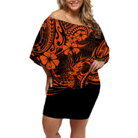 Hawaii Pineapple Family Matching Off Shoulder Short Dress and Hawaiian Shirt Paradise Flowers Pacific With Orange Polynesian Tribal - Wonder Print Shop