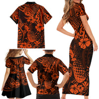 Hawaii Pineapple Family Matching Short Sleeve Bodycon Dress and Hawaiian Shirt Paradise Flowers Pacific With Orange Polynesian Tribal - Wonder Print Shop