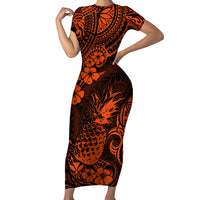 Hawaii Pineapple Family Matching Short Sleeve Bodycon Dress and Hawaiian Shirt Paradise Flowers Pacific With Orange Polynesian Tribal - Wonder Print Shop