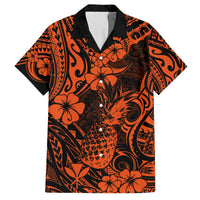 Orange and black pineapple floral Hawaiian shirt, short sleeves, button-up collar