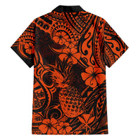Orange and black pineapple floral Hawaiian shirt, short sleeves, back view