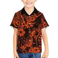 Orange and black pineapple floral Hawaiian shirt, short sleeves, button-up front