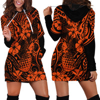 Hawaii Pineapple Hoodie Dress Paradise Flowers Pacific With Orange Polynesian Tribal - Wonder Print Shop