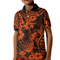 Hawaii Pineapple Kid Polo Shirt Paradise Flowers Pacific With Orange Polynesian Tribal - Wonder Print Shop
