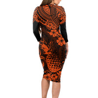 Hawaii Pineapple Long Sleeve Bodycon Dress Paradise Flowers Pacific With Orange Polynesian Tribal - Wonder Print Shop