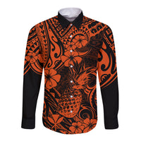Hawaii Pineapple Long Sleeve Button Shirt Paradise Flowers Pacific With Orange Polynesian Tribal - Wonder Print Shop
