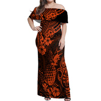 Hawaii Pineapple Off Shoulder Maxi Dress Paradise Flowers Pacific With Orange Polynesian Tribal - Wonder Print Shop