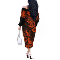 Hawaii Pineapple Off The Shoulder Long Sleeve Dress Paradise Flowers Pacific With Orange Polynesian Tribal - Wonder Print Shop