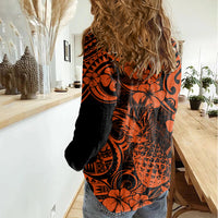 Hawaii Pineapple Women Casual Shirt Paradise Flowers Pacific With Orange Polynesian Tribal - Wonder Print Shop