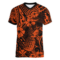 Hawaii Pineapple Women V Neck T Shirt Paradise Flowers Pacific With Orange Polynesian Tribal - Wonder Print Shop