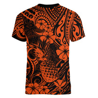 Hawaii Pineapple Women V Neck T Shirt Paradise Flowers Pacific With Orange Polynesian Tribal - Wonder Print Shop