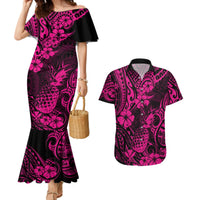 Hawaii Pineapple Couples Matching Mermaid Dress and Hawaiian Shirt Paradise Flowers Pacific With Pink Polynesian Tribal - Wonder Print Shop
