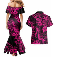 Hawaii Pineapple Couples Matching Mermaid Dress and Hawaiian Shirt Paradise Flowers Pacific With Pink Polynesian Tribal - Wonder Print Shop
