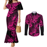hawaii-pineapple-couples-matching-mermaid-dress-and-long-sleeve-button-shirts-paradise-flowers-pacific-with-pink-polynesian-tribal