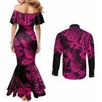 hawaii-pineapple-couples-matching-mermaid-dress-and-long-sleeve-button-shirts-paradise-flowers-pacific-with-pink-polynesian-tribal