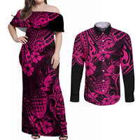 Hawaii Pineapple Couples Matching Off Shoulder Maxi Dress and Long Sleeve Button Shirts Paradise Flowers Pacific With Pink Polynesian Tribal - Wonder Print Shop