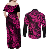 Hawaii Pineapple Couples Matching Off Shoulder Maxi Dress and Long Sleeve Button Shirts Paradise Flowers Pacific With Pink Polynesian Tribal - Wonder Print Shop