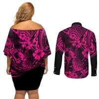 Hawaii Pineapple Couples Matching Off Shoulder Short Dress and Long Sleeve Button Shirts Paradise Flowers Pacific With Pink Polynesian Tribal - Wonder Print Shop