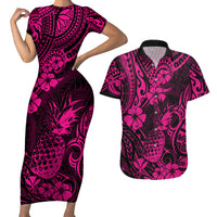 Hawaii Pineapple Couples Matching Short Sleeve Bodycon Dress and Hawaiian Shirt Paradise Flowers Pacific With Pink Polynesian Tribal - Wonder Print Shop