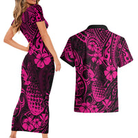 Hawaii Pineapple Couples Matching Short Sleeve Bodycon Dress and Hawaiian Shirt Paradise Flowers Pacific With Pink Polynesian Tribal - Wonder Print Shop